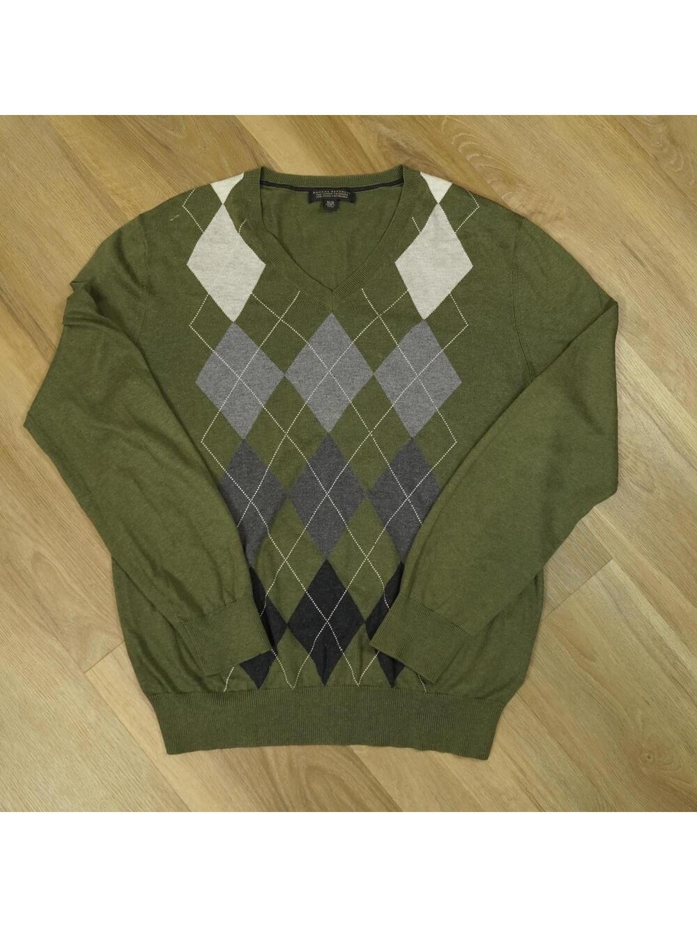 Banana Republic Men's M Green Argyle V-Neck Sweater - Preppy, Academia, 90s, Y2K